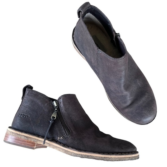 Ugg Clementine Shearling Lined Leather Ankle Bootie Size 7 Brown Zip Closure GUC - Picture 1 of 13